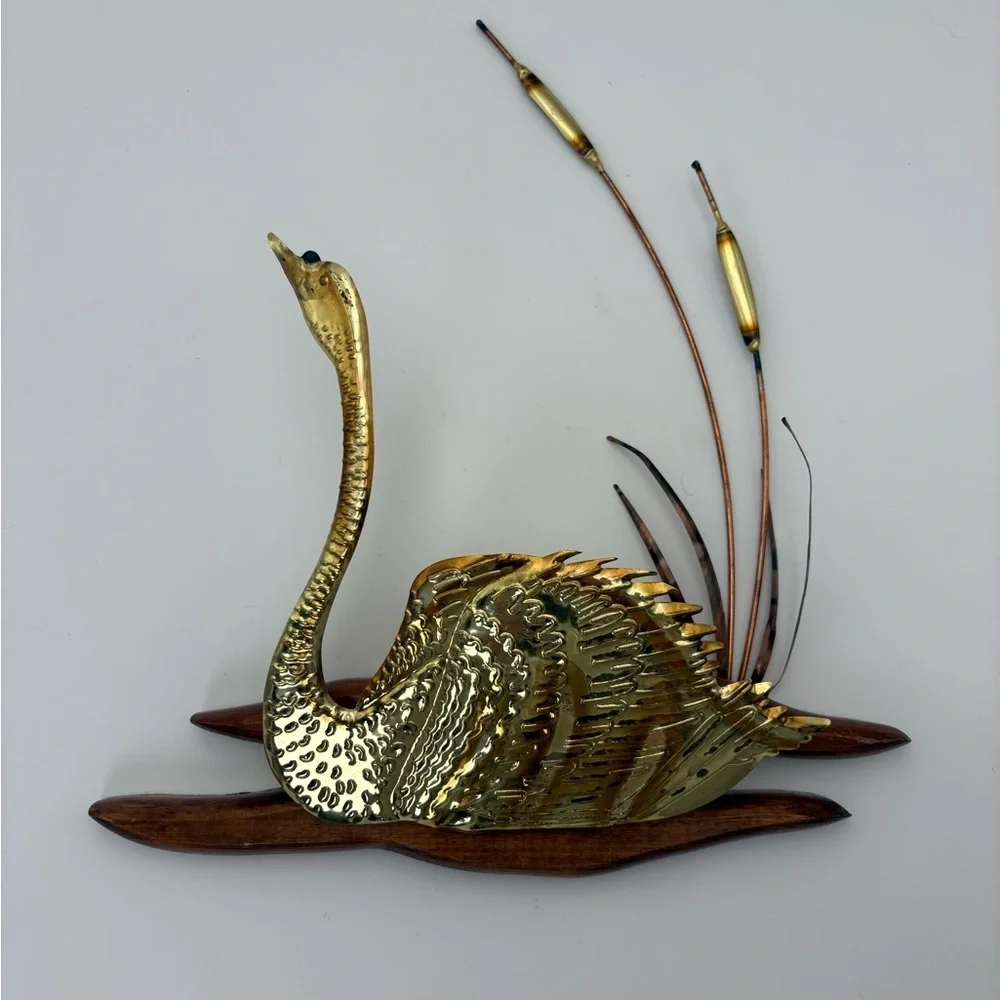 Mid-century Modern Brass and Copper Swan and Cattails Wall Art